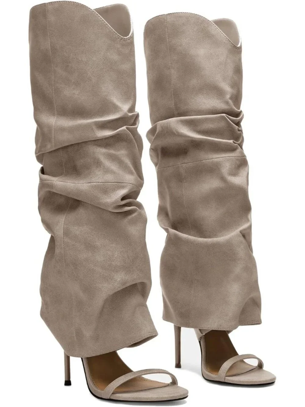 Women's Gray Slouchy Knee High Boots Open Toe High Heel Sandals Boots Pull On
